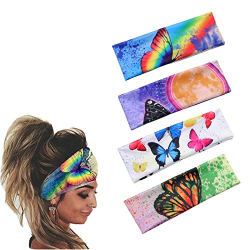 Boho Headbands For Women Butterfly Head Bands Workout Turban Headband Stretch Wide Head Wraps Cloth Hair Bands for Women and Girls 4 Pcs