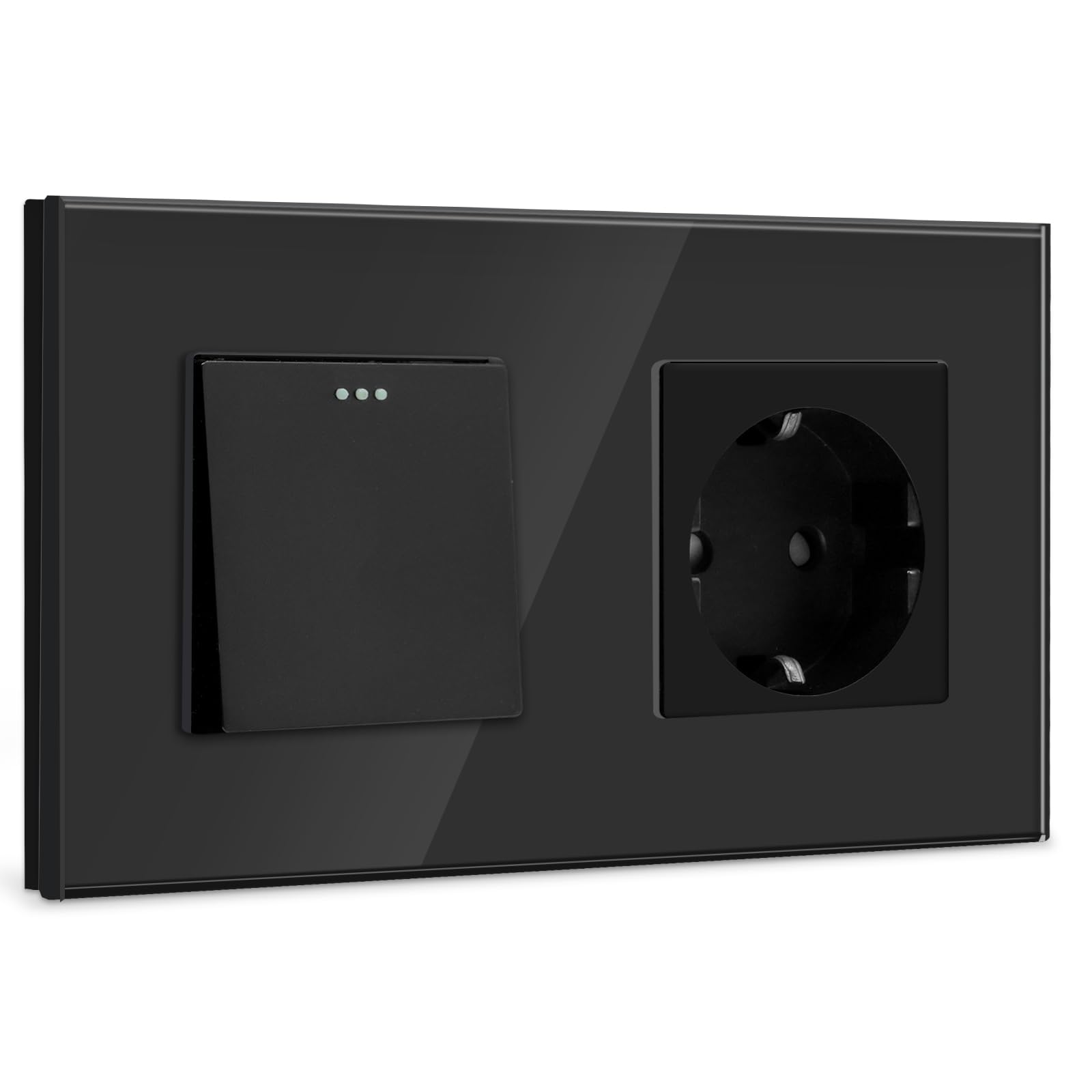 BSEED 1-Gang-Wandschalter + Schuko-Stecker 16 A, Schwarz, Drucktastenschalter mit Glasrahmen, Wandsteckdose für Küche