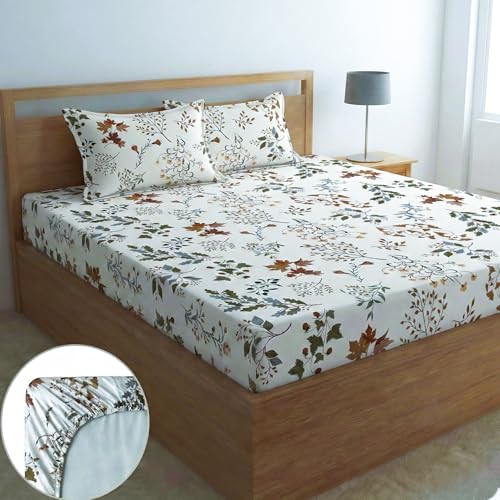 Image of Home Sizzler Microfibre Autumn Floral Printed All-Around Elastic Fitted King Size Bedsheet (72 X 78) with 2 Pillow Covers - White /Earthy Tones