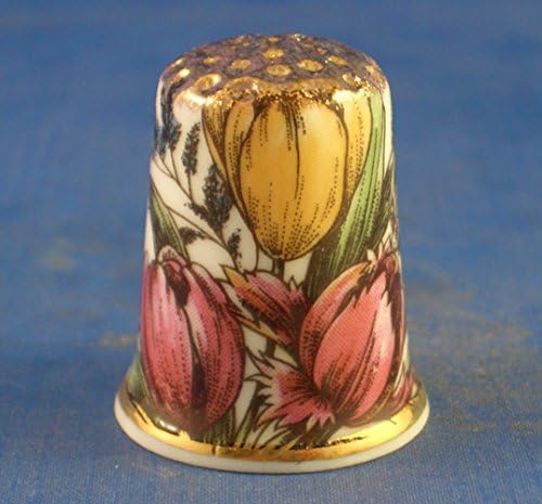 Porcelain China Collectible Thimble - Vintage Floral Tulips with Gift Box