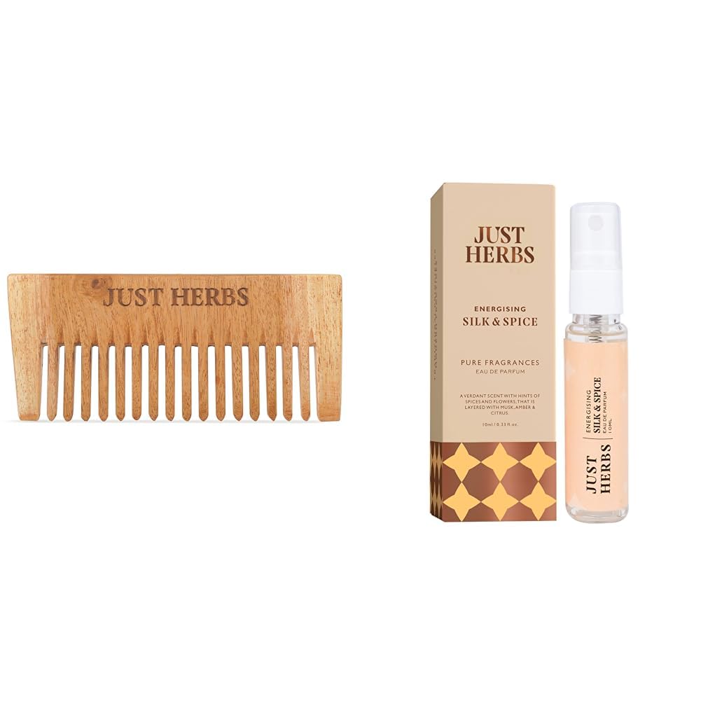 Just Herbs Handmade Wooden Neem Comb for Hair Growth and Hairfall Control for Men & Women & Just Herbs Luxury Scent Long Lasting Silk & Spice Travel Friendly Perfume 10ml Combo