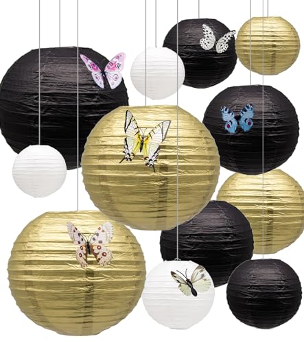 Rovplus 12 Pack Gold Black White Paper Lantern Assortment, Chinese Japanese Round Paper Lanterns, Party Supplies for Wedding Graduation Anniversary Birthday Party Decorations