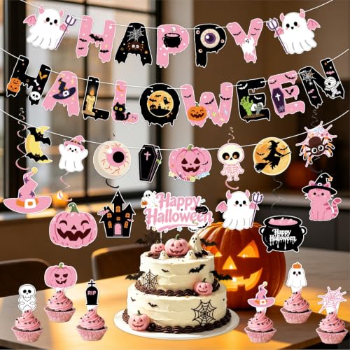 Halloween Birthday Party Decorations, Pink Black Party Supplies with 3 Banners, 18 Balloons, 7 Cake Toppers & 6 Spiral Hanging Swirls, Nightmare Before Christmas Birthday Decorations - image 3