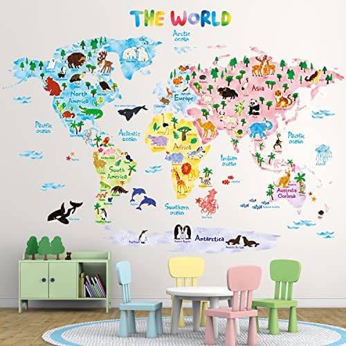 DECOWALL DLT-1615 Animal World Map Kids Wall Stickers Decals Peel and Stick Removable for Nursery Bedroom Living Room art murals decorations decor bathroom baby educational nation 3 51oLUtc907L. AC