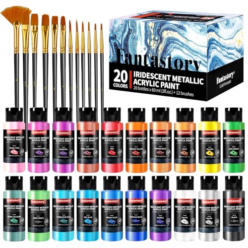 Fantastory Peinture acrylique métallique, 60 ml, 20 couleurs irisées, 12 pinceaux, imperméable à l'eau,non décolorant,non toxique ; pour toile, bois,maquettes...