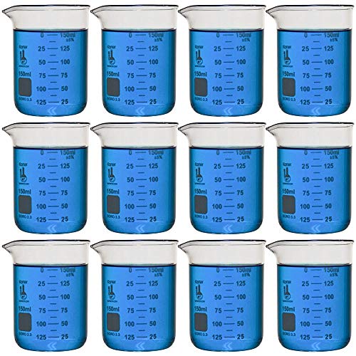 150ml Beaker, Low Form Griffin, Borosilicate 3.3 Glass, Double Scale, Graduated, Karter Scientific 232P2, (Pack of 12)