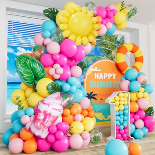 DBKL Tropical Balloon Arch Garland Kit Luau Hawaiian Party Decorations Rose Orange Yellow Blue Green Palm Leaves Balloons for Tropical Hawaiian Summer Birthday Pool Party Supplies