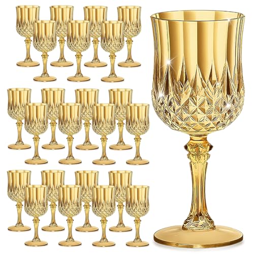 HTTBEIZI 7OZ Plastic Wine Glasses Reusable Vintage Goblets Unbreakable Drinking Glasses Crystal Water Cups Champagne for Wedding Parties (24 Gold)