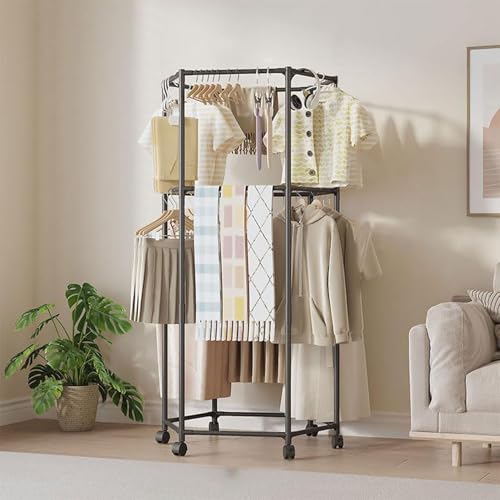 回転式ハンガーラック 洗濯物干し 衣類ラック キャスター付き 360度回転 六角形 おしゃれ 省スペース 衣類収納 円形 ディスプレイ 組み立て簡単 バルコニー リビングルーム 小さなアパート 寝室の衣類収納に最適 (70x36x175cm,黒) [並行輸