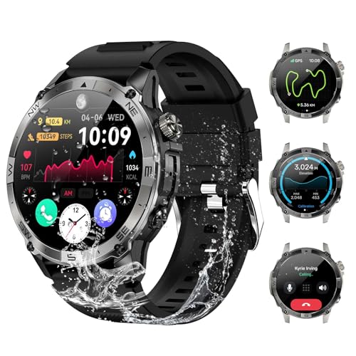 Getfitsoo Reloj inteligente militar para hombre, GPS, llamadas Bluetooth, rastreador de fitness AMOLED de 1.4 pulgadas con batería grande de 530 mAh, resistente al agua, brújula, presión de aire,
