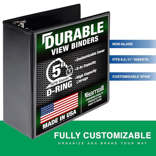 Image of Samsill Durable 5 Inch 3 Ring Binder, D Ring Binder, Customizable Clear View, Charcoal Black, Holds 1070 Pages