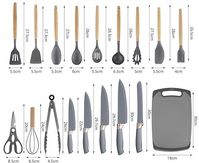 Set Coltelli da Cucina 19 Pezzi con Portautensili – 5 Coltelli in Acciaio + 13 Utensili da Cucina in Silicone – Set Cucina Completo Antiaderente e Resistente al Calore (Rosa)