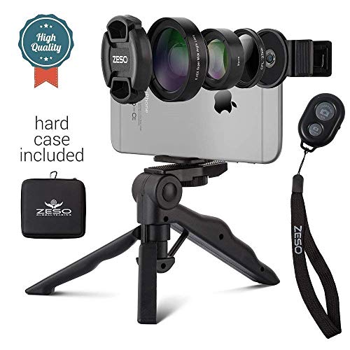 Camera Lens Kit by Coral Entertainments| Professional CPL, Macro & Wide Angle Lenses | Multi-use tripod & Selfie Remote Control | For iPhone, Samsung Galaxy, iPads Tablets | Hard Case & Universal Clip