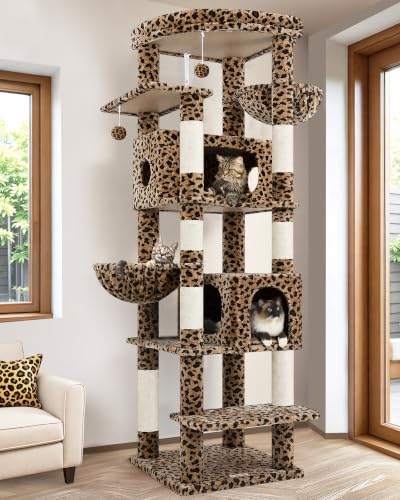 Globlazer Heavy Duty Cat Tree 74inch Sturdy Cat Tower for Large Cats Adult Big Cat Tree with 7 Sisal Scratching Posts 2 Padded Cat Condos 2 Hanging Baskets Enlarged Top Perch S74 Leopard Print