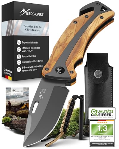 BERGKVIST® K30 Titanium Cuchillo Plegable (navaja de dos manos) - Navaja de bolsillo 3 en 1 con rompecristales y cortacinturones para exteriores y supervivencia - Mango de madera de olivo