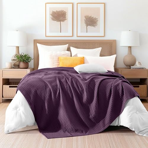Image of Elegant Comfort Premium 100% Cotton Waffle Blanket - Lightweight Breathable Waffle Weave Bed Blanket - Soft and Warm All Season Blanket for Couch, Sofa and Bed, Full Size 88x88 Inches, Purple