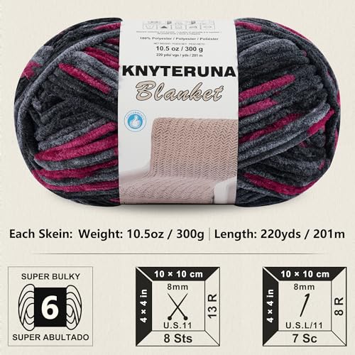 Image of #6 Super Bulky Blanket Yarn for Crocheting - 4 Skeins(Each 10.5oz /300g, 220yds /201m), Chunky Chenille Thick Plush Big Soft Yarn for Crocheting Knitting Blankets, Grey & Black & Red