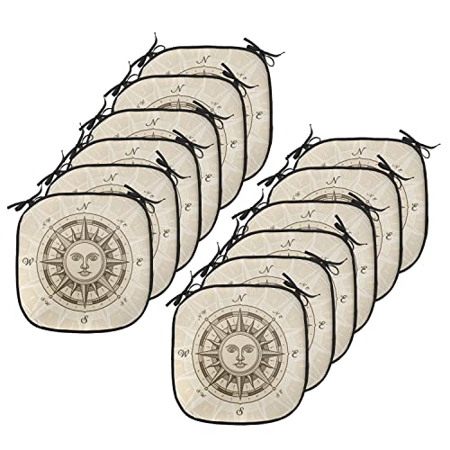 Lunarable Compass Chair Cushion Pads Set 12, Vintage Compass Rose with Sun Shape Human Face Historical Design Illustration, Anti-Slip Seat Padding for Kitchen & Patio, 16