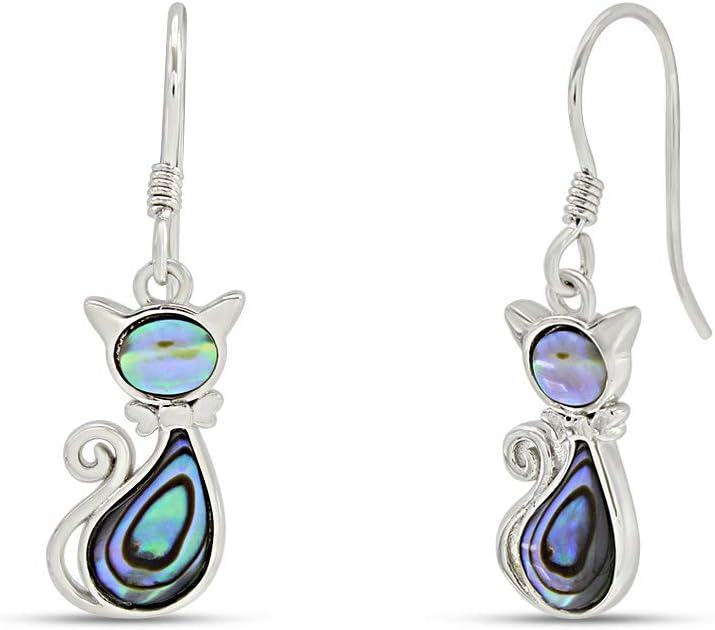 Abalone Shell Animal Dangle Earrings for Women (Kiwi Bird, Cat, Seahorse) in 14K White Gold Over 925 Sterling Silver, Iridescent Fishhook Drop Jewelry Gift