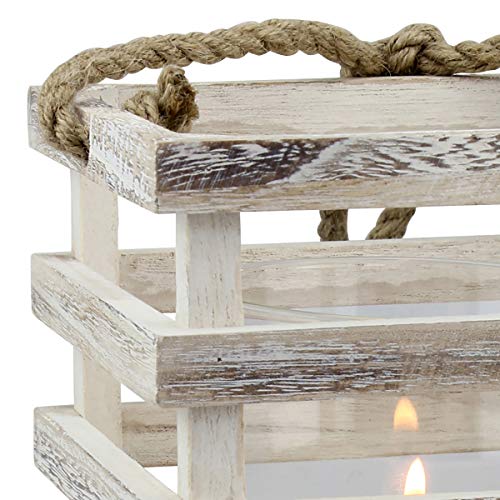 Stonebriar Sb-5080B Worn White Wooden Beach House Candle Lantern With Rope Handle And Removable Glass Cylinder Hurricane, Medium #TOP1