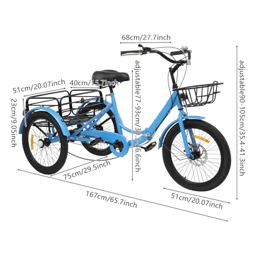 BJTDLLX Vouwdriewieler van 20 inch, 7 versnellingen, voor volwassenen, 3 wielen, senioren, driewieler, vouwfiets, meisjes en jongens, cruise bikes met slot, in hoogte verstelbaar, 76 - 91 cm (blauw) - Afbeelding 3
