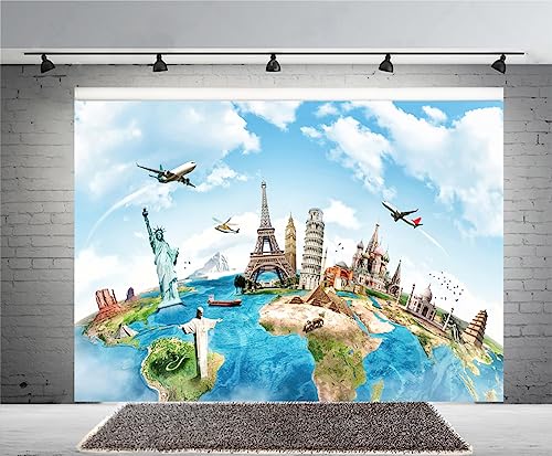 6x4ft Globe Travel Backdrop Earth Map Worldwide Continent Famous Landmark Scenery Home Decor Photography Background Earth Pyramid Statue of Liberty Eiffel Towel Studio Backdrop
