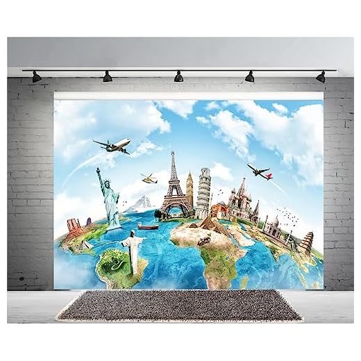 6x4ft Globe Travel Backdrop Earth Map Worldwide Continent Famous Landmark Scenery Home Decor Photography Background Earth Pyramid Statue of Liberty Eiffel Towel Studio Backdrop