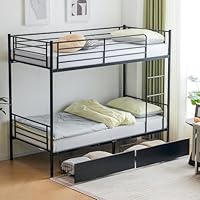 Karl home Heavy Duty Metal Bunk Bed Frame with Ladder, Space Saving Twin Double High Loft Beds W/Guard Rails for Small Rooms, Adults Kids Fit for 5\"-8\" Mattress, Black with Drawers