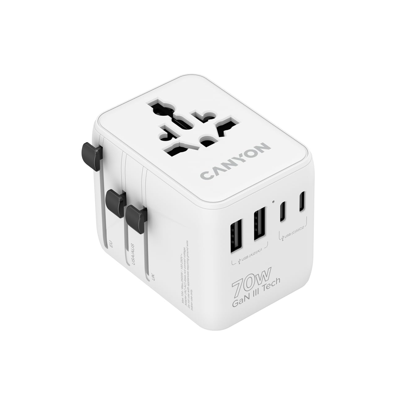 CANYON OnTour 70 uniwersalny adapter podróżny, 70 W GaN ładowarka do szybkiego ładowania, 3 porty USB-C i 2 porty USB-A, adapter wtyczki EU UK US Off do ponad 200 krajów, biały