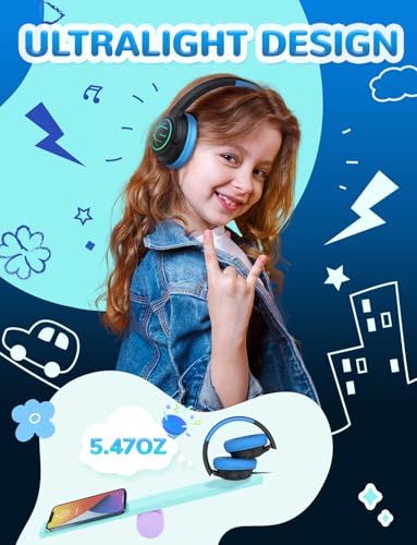 Image of iClever Kids Wired Headphones with LED Light, 85dBA Safe Volume Kids Headphone with Cord, Stereo Sound Foldable Adjustable, USB C Kid Headphones for School /Boys /Girls /iPad, Blue Black