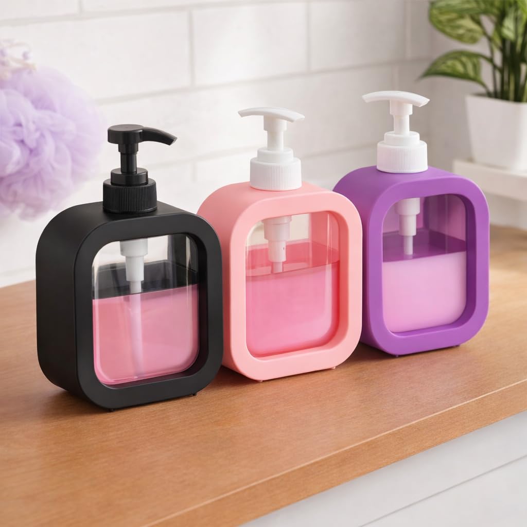 HomeWiz Soap Dispenser 300ml Each |Pack of 3|Handwash Dispenser Bottle for Kitchen & Bathroom|Soap Dispenser For Wash Basin|Refillable, Clear Body, Rust-Free Pump, for Handwash & Dishwash| Multi-Color