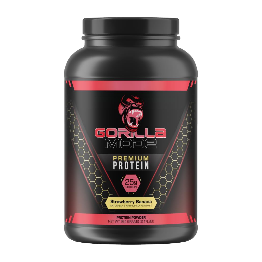 Gorilla Mind Mode Premium Whey Protein - Strawberry Banana / 25 Grams of Whey Protein Isolate & Concentrate/Recover and Build Muscle (30 Servings)