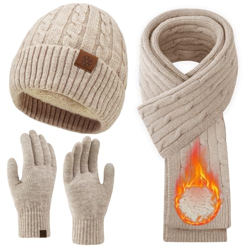 Womens Winter Beanie Hat Scarf Gloves Set, Knit Touch Screen Gloves Long Scarf Skull Caps Fleece Lined Winter Gift