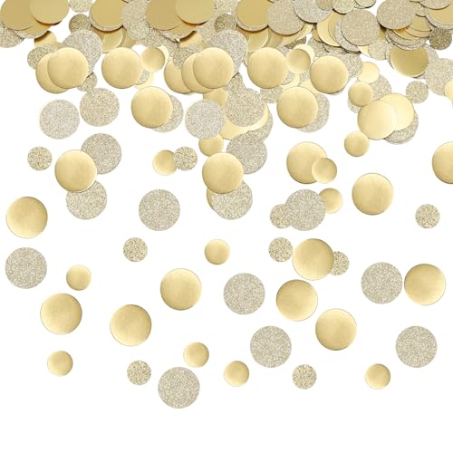 Penitue Round Gold Confetti 2 Styles & 2 Sizes Golden Circle Confetti Dots Glitter & Smooth Scatter Table Sequins for Wedding Birthday Baby Shower Party Decor Craft Supplies (200)