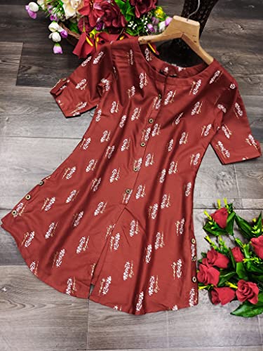 Image of OM SAI LATEST CREATION Slub Rayon Fully Stitched Anarkali Foil Print Kurti for Women & Girls on Jeans Palazzo or Skirt (Plus Size Upto 2XL) (Black)