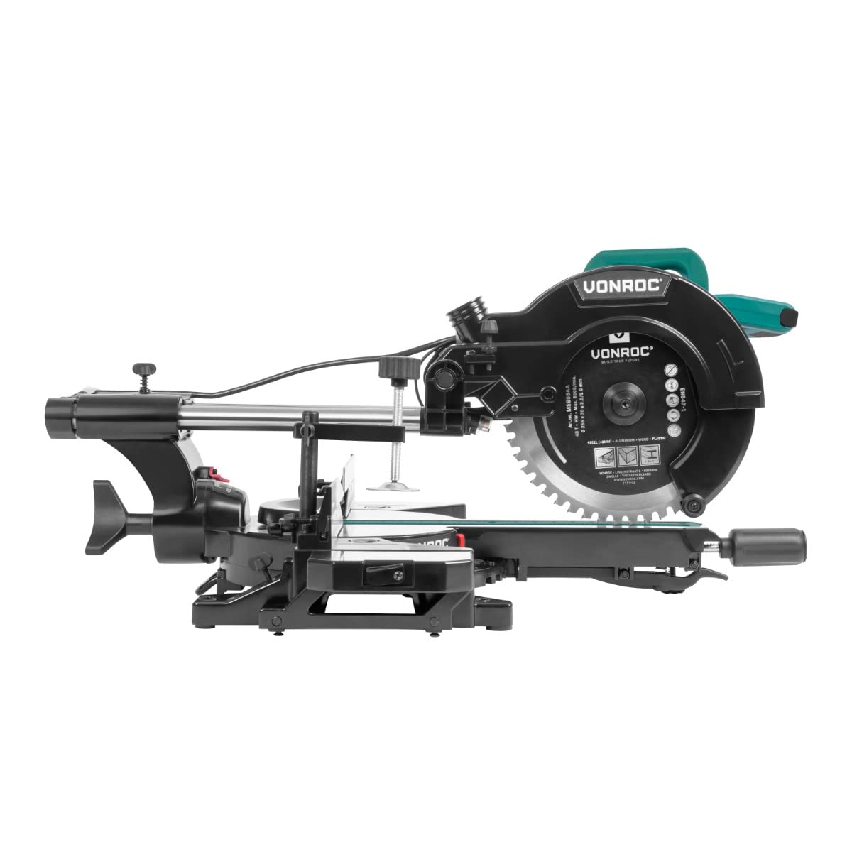 VONROC Troncatrice multimateriale scorrevole 2200W - 255mm PRO. Velocità regolabile. Con laser, luce LED e lama 48T