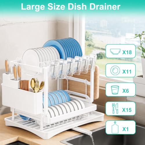 Image of HomeCloud 2-Tier Kitchen Dish Drying Rack & Drainer | Large Capacity Dish Stand with 360 Flexible Drainage System, Removable Drip Tray, Cutlery Holder & Cup Organizer for Countertop (White )