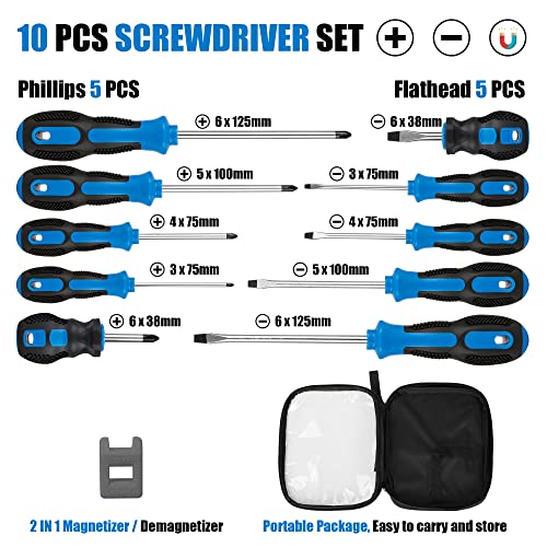 Vheonet Magnetic Screwdriver Set 10 Pcs,5 Phillips 5 Flat Head Precision Screwdriver, Professional Cushion Grip And Non-Slip For Repair Home Improvement Craft, Blue & Black #TOP1