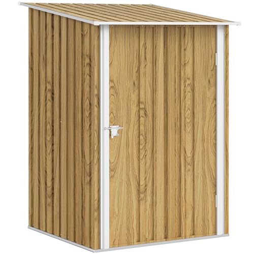 Outsunny Caseta de jardín de 0,92 m² en Acero galvanizado, cobertizo para Herramientas con Puerta batiente con Cerradura, Techo Inclinado, 100 x 104 x 160 cm, marrón Claro con Efecto Madera