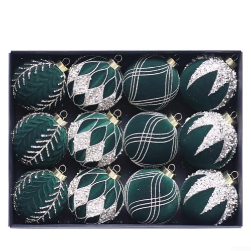 Ornamenti a sfera in plastica floccata con texture dimensionale e glitter che catturano la luce, per spazi interni festivi (verde scuro)