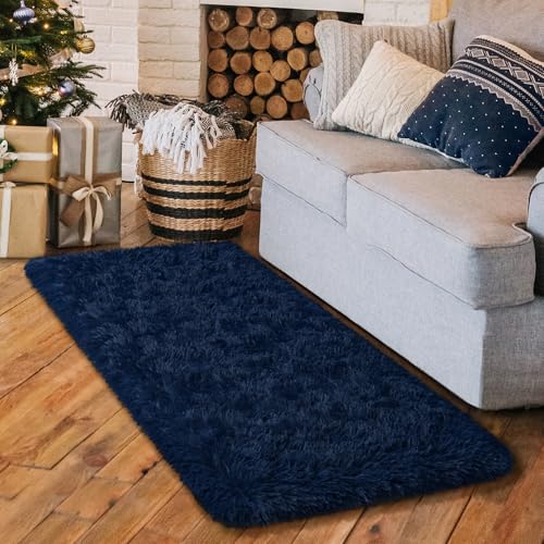 HOMORE Runner Rug 2x4 Navy Blue Rug for Bedroom, Fluffy Runner Rugs for Hallway Bedside, Long Rugs for Living Room Kids Room, Soft Carpet for Dorm Indroor Entrance
