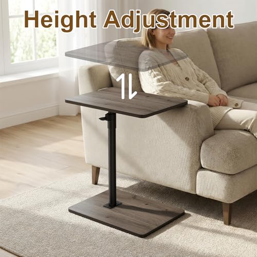 Image of YUHFERA Sofa Armrest Tray Table for Couch - 360 Swivel Height Adjustable C Shaped End Table for Small Spaces, Snack Side Table for Bed or Chair with Phone & Tablet Slot (Gray, Enlarged)