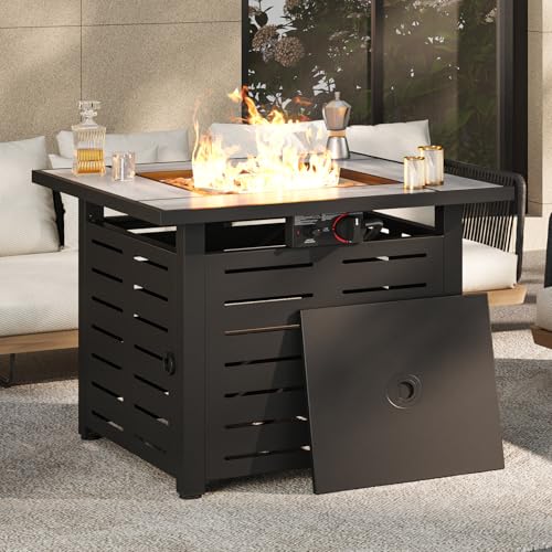 Breezestival 28" Outdoor Propane Fire Pit Table Ceramic Top & Lava Rocks,50000 BTU Square Patio Heater Waterproof Lid Gas Fire Pits for Outside Patio Black