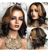 Short Wig Lace Front Wigs Synthetic Bob Wavy Black/Blonde Highlights Color Natural Hairline 160% ...