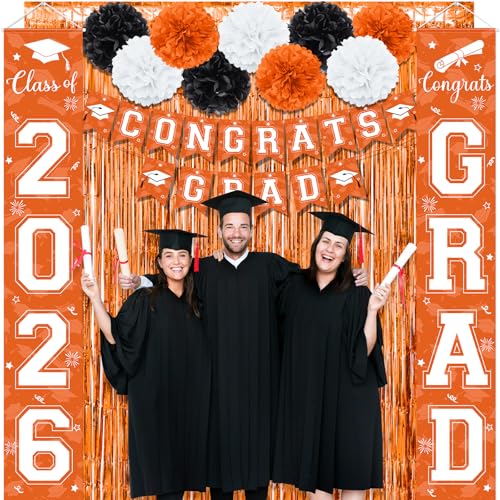Image of Graduation Party Decorations Class of 2026, Graduation Decorations with Congrats Grad Banner Fringe Foil Curtain Paper Flower Ball Balloons for High School College Graduation Party Supplies, Orange