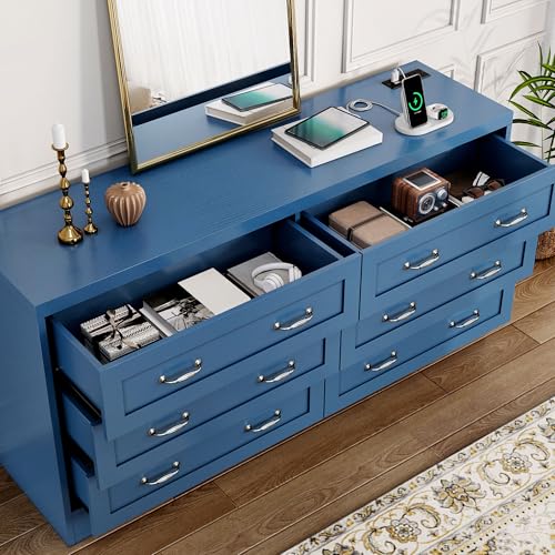 DWVO Farmhouse 6 Drawer Dresser for Bedroom, 59" Wide Modern Dresser TV Stand with Large Drawers & Bar Handles, Storage Dressers with Power Outlets, Rustic Wood Chest of Drawers, Blue