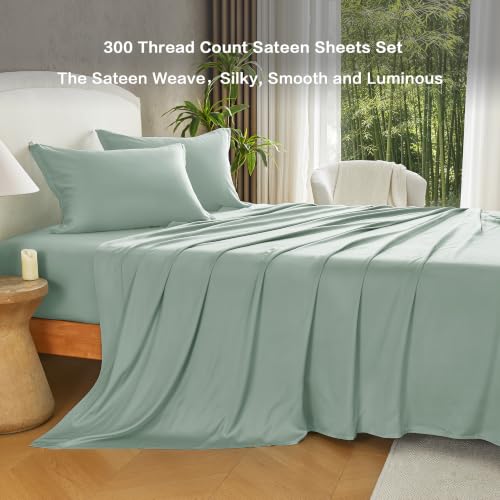 Image of Andency Sateen Sheets Set, 100% Viscose Derived from Bamboo, Hotel Luxury Silky & Cooling for Hot Sleepers, Deep Pocket Up to 16 inch, Sateen Green King