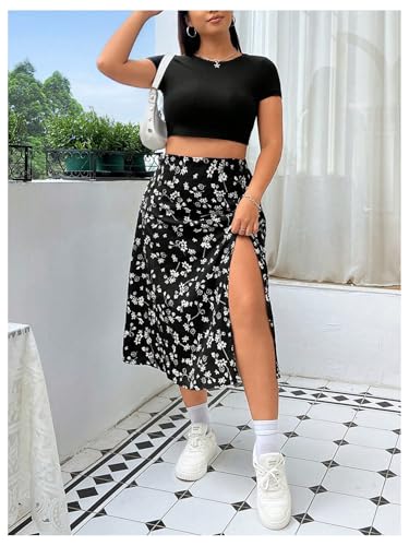 Floerns Women's Plus Size Floral Elastic High Waist Skirt Boho Slit Hem Midi Skirt4