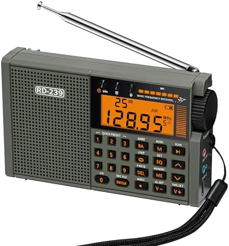 Shortwave Radio AIR/VHF/AM/FM/SW/Weather Bands Transistor with TF Card/Flashlight,Key Backlight, Digital Record, Alarm Clock,Sleep Timer,Powered by AA Battery