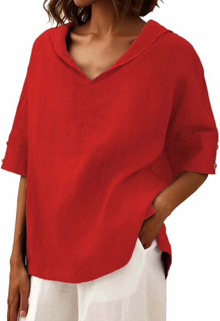 IWOLLENCE Collared Shirts for Women Half Sleeve V Neck Blouse Loose Fit Pullover Summer Tops